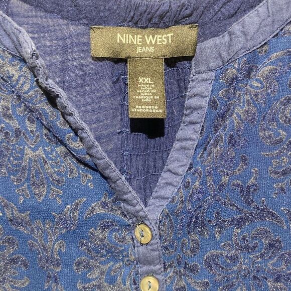 Nine West Jeans Women's Blue Floral Split Neck Rolltab 3/4 Sleeve Blouse Sz XXL - Picture 3 of 12